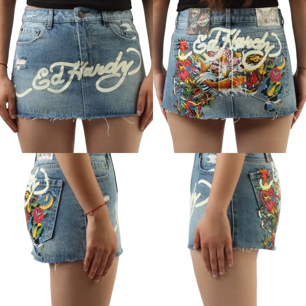 New Ed Hardy Tattoo Denim Jean Mini Skirt Size M Y2K Streetwear Edgy Grunge Punk